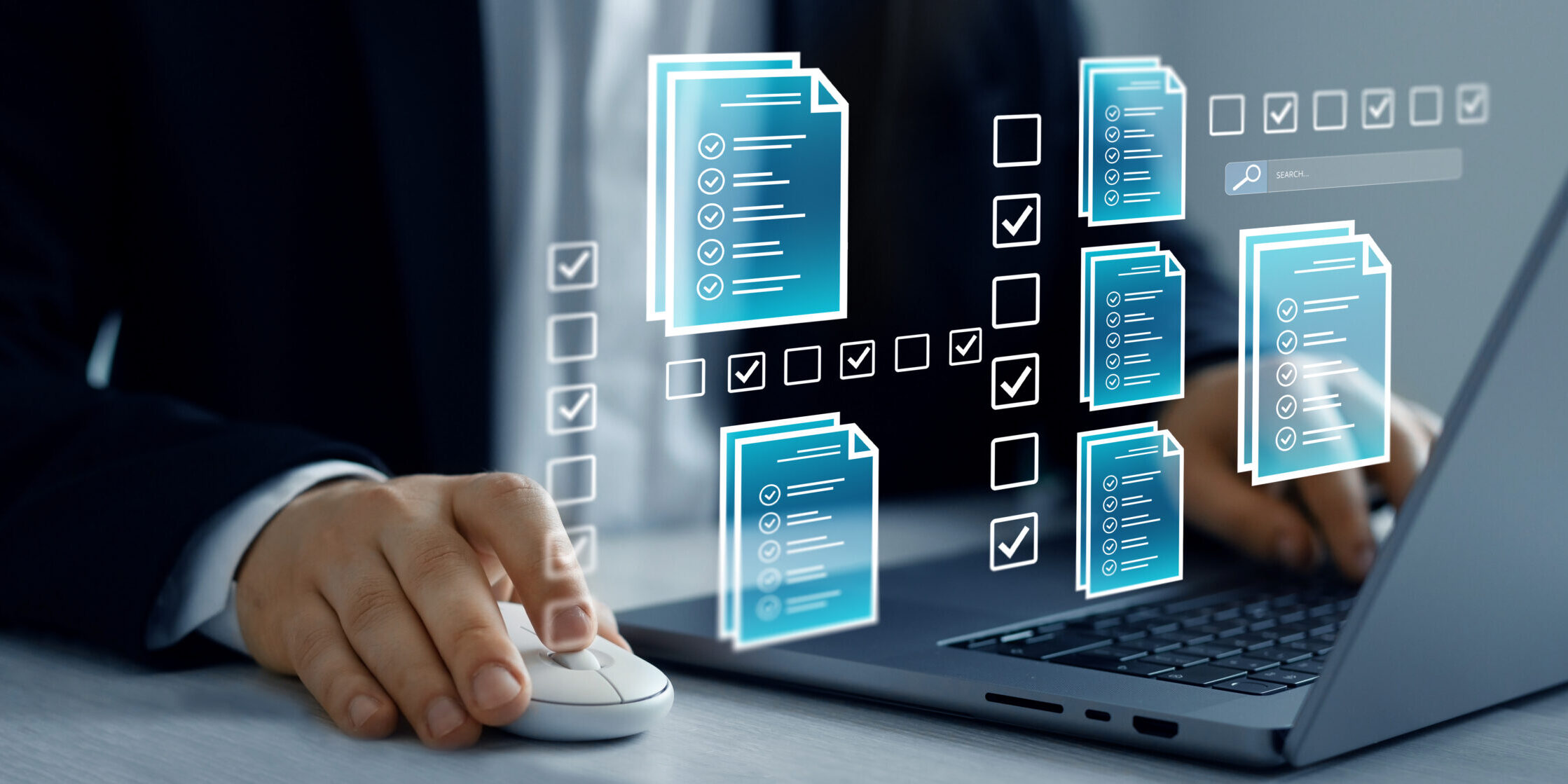 Businessman check virtual electronic documents and checklist approve. Business productivity checklist and filling survey form.Fast checklist and clipboard task management.