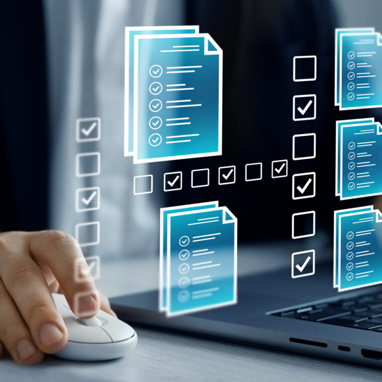 Businessman check virtual electronic documents and checklist approve. Business productivity checklist and filling survey form.Fast checklist and clipboard task management.